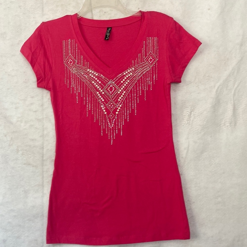 Salmon Pink Sweet Girl Short Cap Sleeve V Neck Bling Pullover T-Shirt